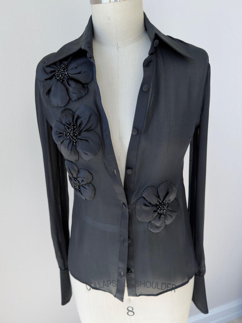 Valentino Couture Black Silk Chiffon Floral Button Blouse Size 4